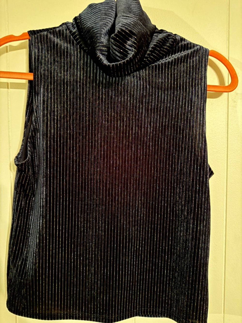 Sleeveless Velvet Turtleneck Top in Deep Navy with Subtle Metallic Pinstripes